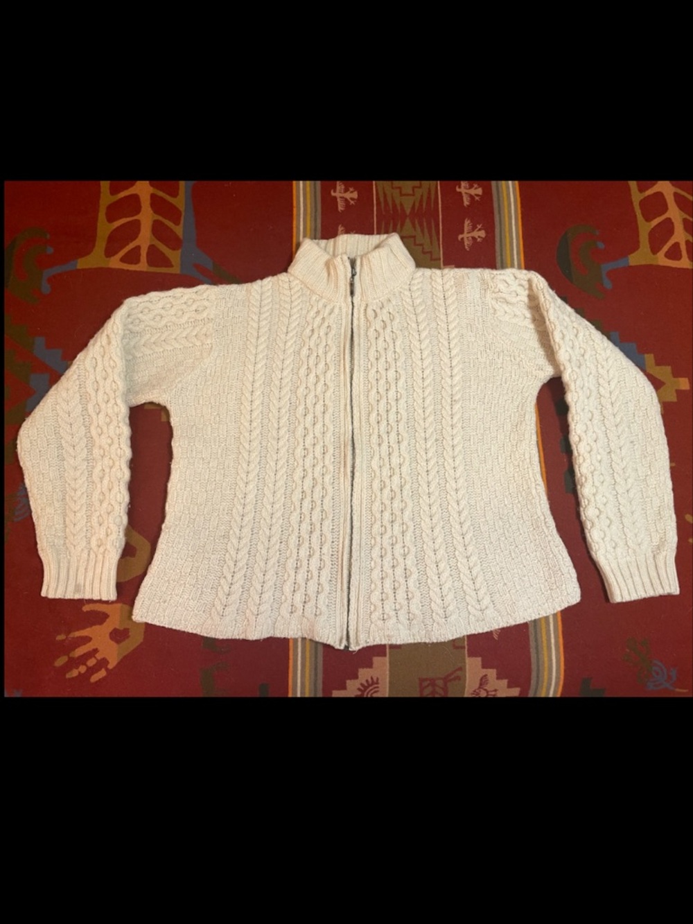 Inis Crafts Cream 100% Wool Large Cable Knit Zip Up Cardigan Sweater Ireland